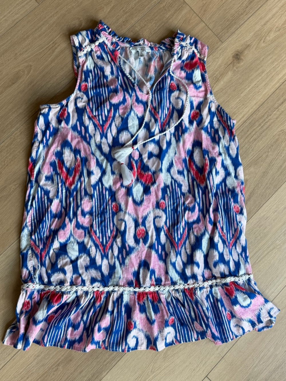 Sleeveless Pink & Blue Printed Ruffle Hem dress